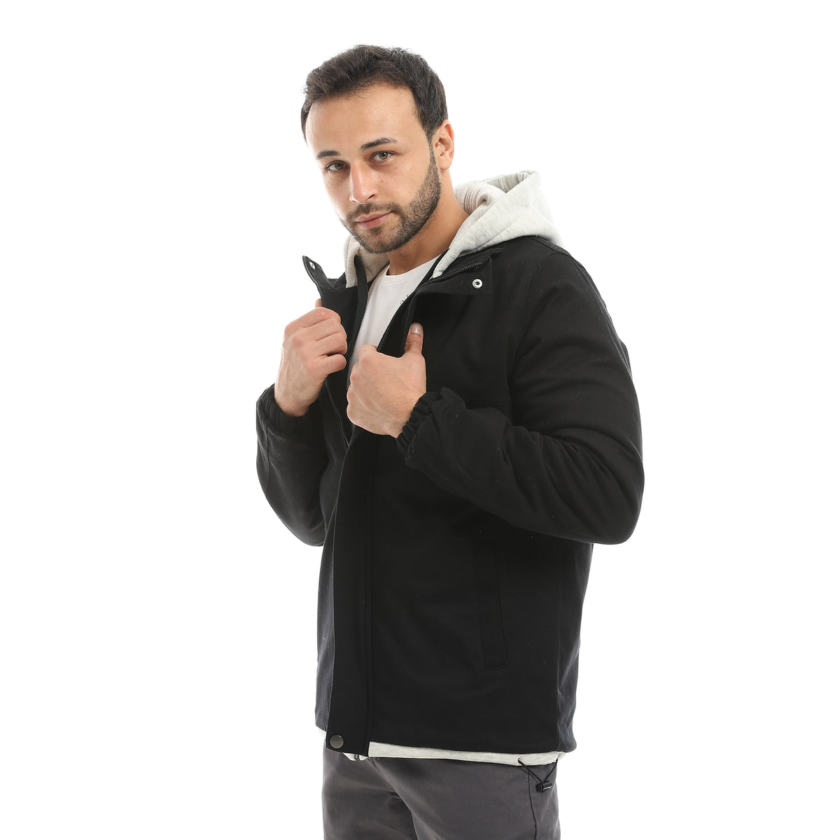 Black_With_Grey_Hooded_Full_Zipper_Closure_Jacket-Black – Andora