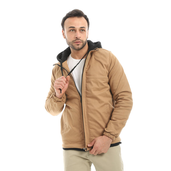 Camel_With_Black_Hooded_Full_Zipper_Closure_Jacket-Camel