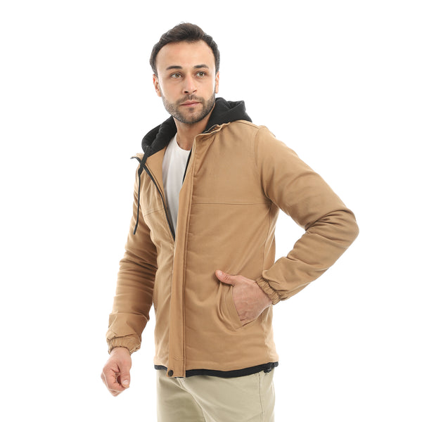 Camel_With_Black_Hooded_Full_Zipper_Closure_Jacket-Camel