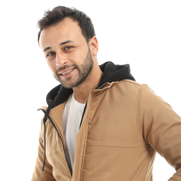 Camel_With_Black_Hooded_Full_Zipper_Closure_Jacket-Camel