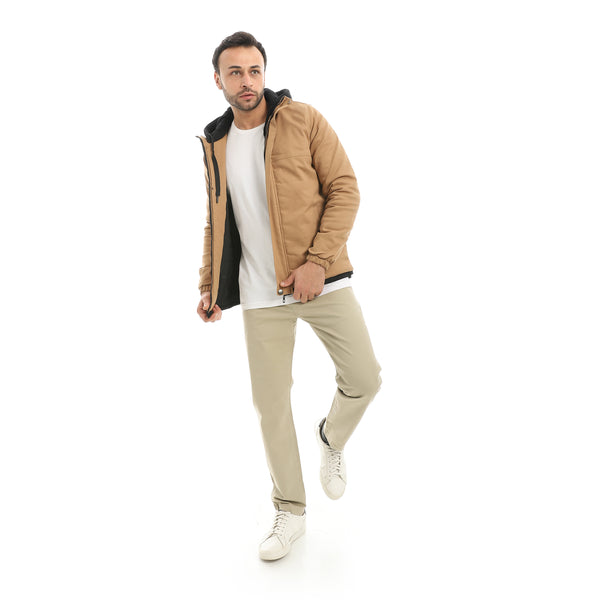 Camel_With_Black_Hooded_Full_Zipper_Closure_Jacket-Camel