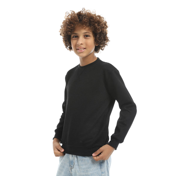 Round_Collar_Fleeced_Self_Patterened_Plain_Pullover_-_Black