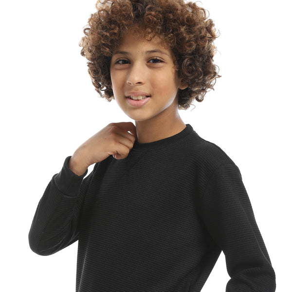 Round_Collar_Fleeced_Self_Patterened_Plain_Pullover_-_Black