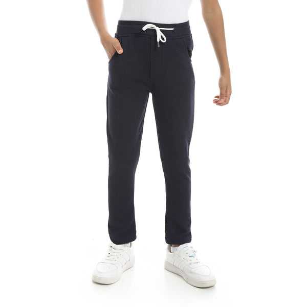 Self_Patterened_Navy_Elastic_Waist_Casual_Pants_Blue
