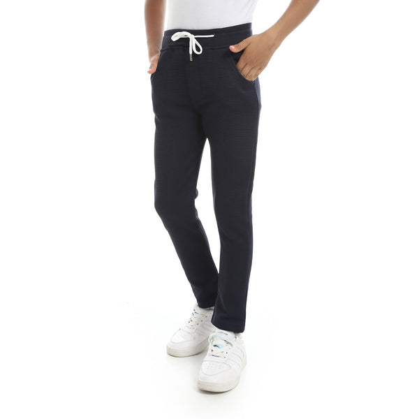 Self_Patterened_Navy_Elastic_Waist_Casual_Pants_Blue
