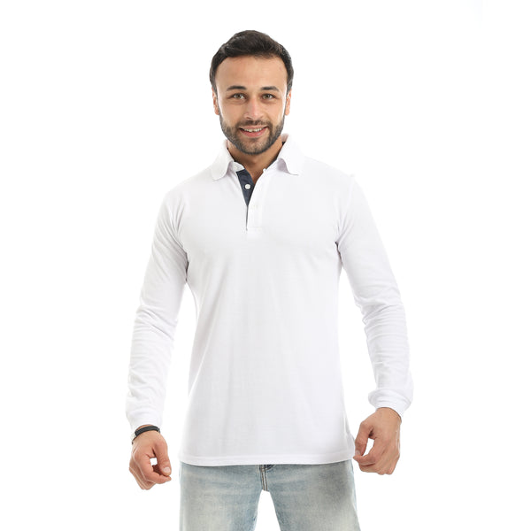 Turned_Down_Collar_Long_Sleeves_White_Polo_Shirt-White