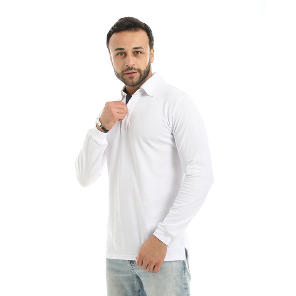 Turned_Down_Collar_Long_Sleeves_White_Polo_Shirt-White