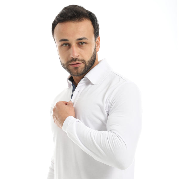 Turned_Down_Collar_Long_Sleeves_White_Polo_Shirt-White