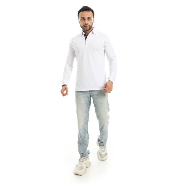 Turned_Down_Collar_Long_Sleeves_White_Polo_Shirt-White