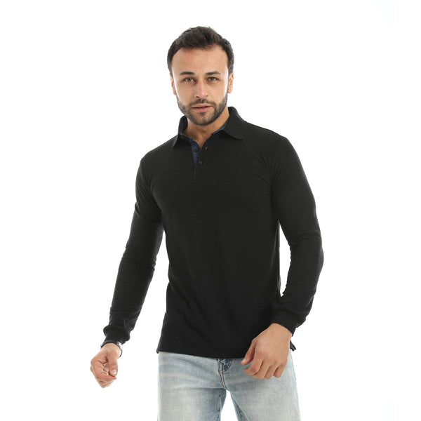 Turned_Down_Collar_Long_Sleeves_Black_Polo_Shirt-Black