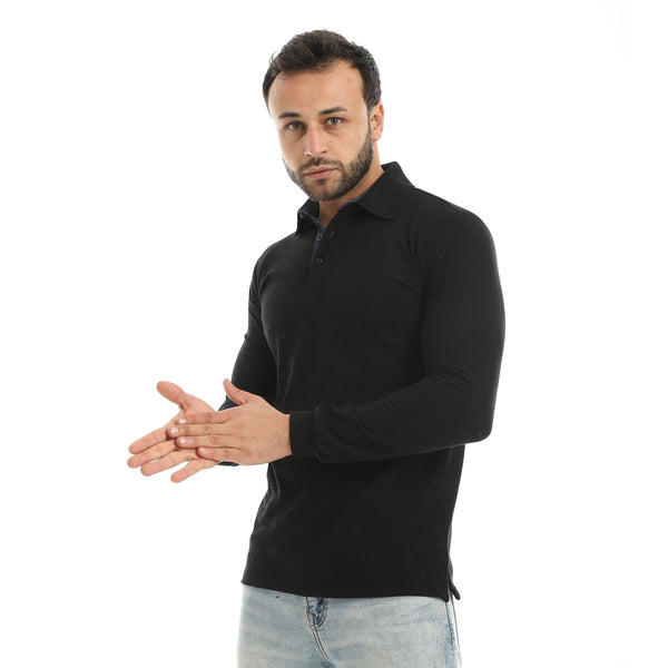Turned_Down_Collar_Long_Sleeves_Black_Polo_Shirt-Black