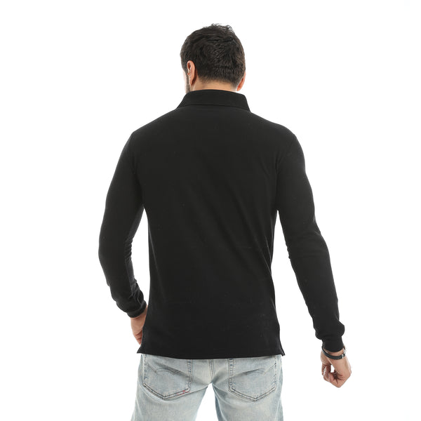 Turned_Down_Collar_Long_Sleeves_Black_Polo_Shirt-Black