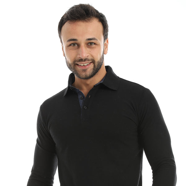 Turned_Down_Collar_Long_Sleeves_Black_Polo_Shirt-Black