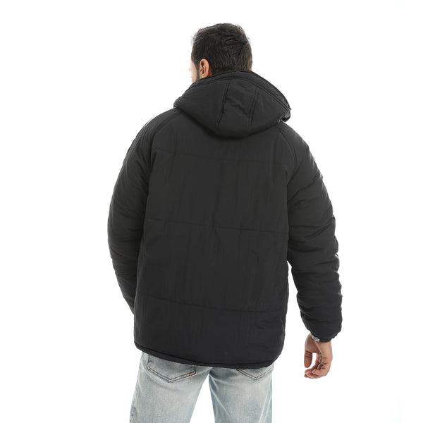 Black_Stylish_Buttons_And_Zipper_Closure_Hooded_Jacket-Black