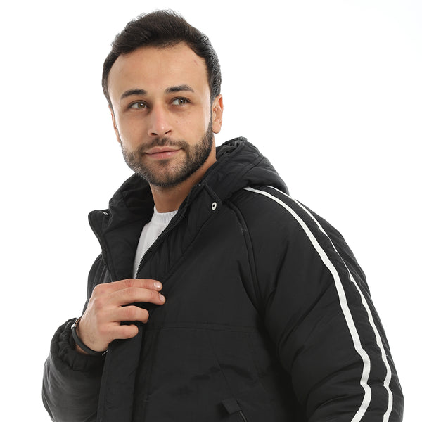 Black_Stylish_Buttons_And_Zipper_Closure_Hooded_Jacket-Black