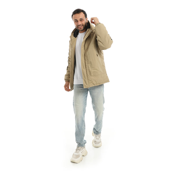 Beige_Stylish_Buttons_And_Zipper_Closure_Hooded_Jacket-Beige