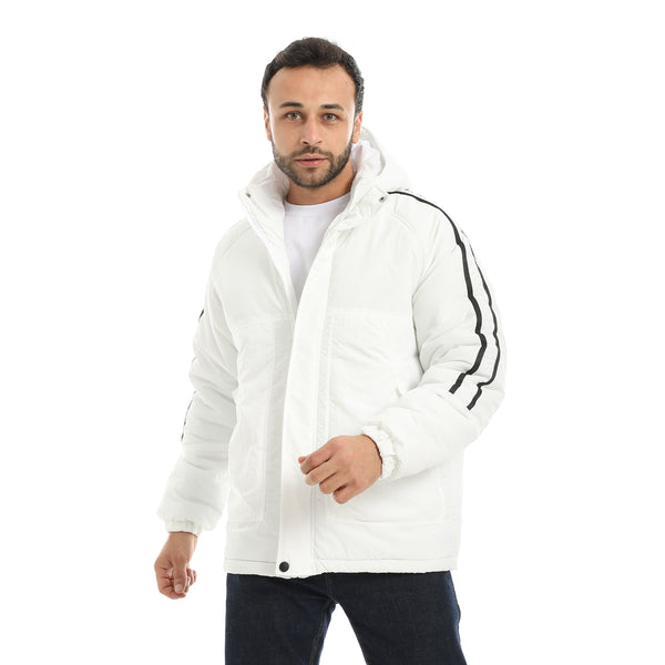 White_Stylish_Buttons_And_Zipper_Closure_Hooded_Jacket-White
