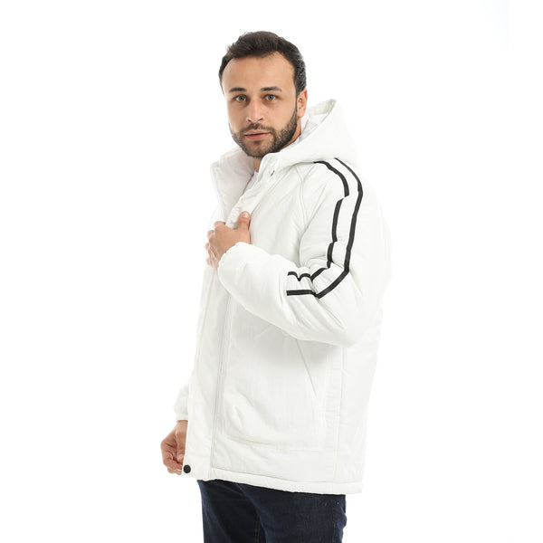 White_Stylish_Buttons_And_Zipper_Closure_Hooded_Jacket-White