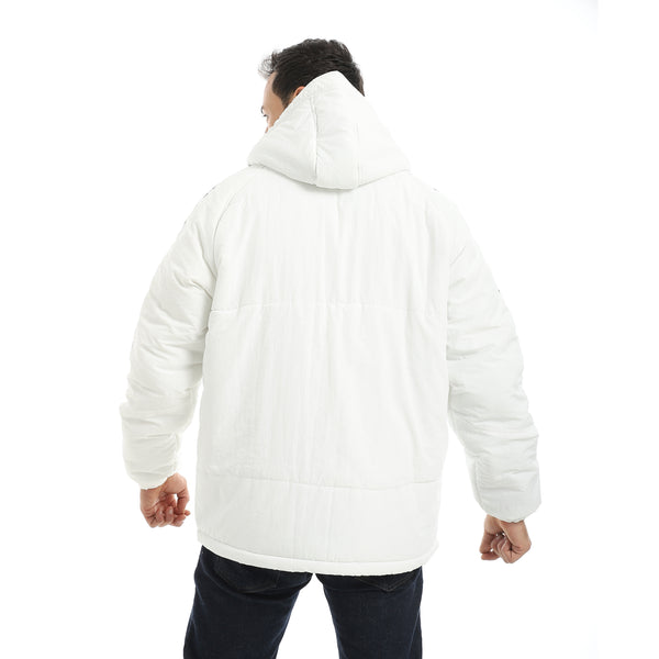 White_Stylish_Buttons_And_Zipper_Closure_Hooded_Jacket-White