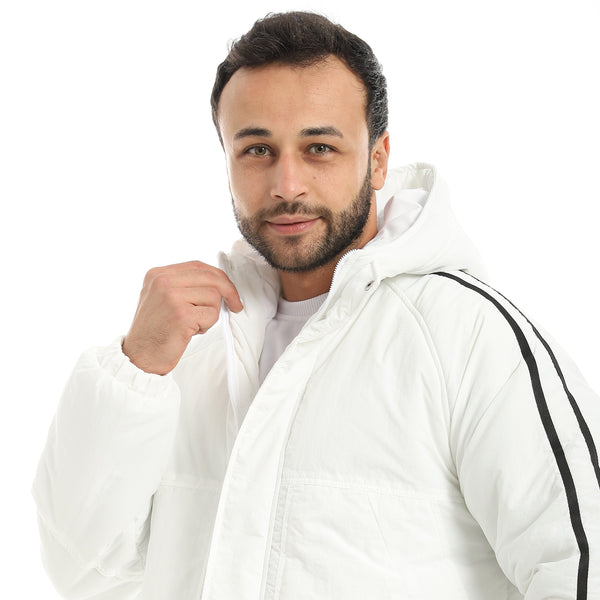 White_Stylish_Buttons_And_Zipper_Closure_Hooded_Jacket-White