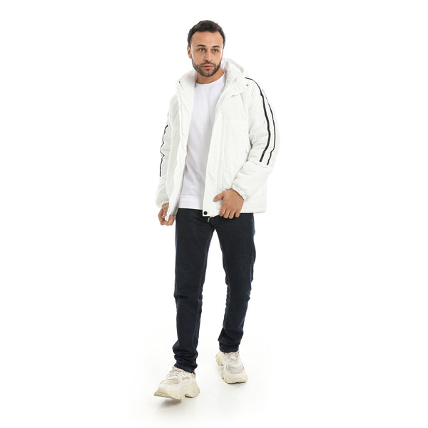 White_Stylish_Buttons_And_Zipper_Closure_Hooded_Jacket-White
