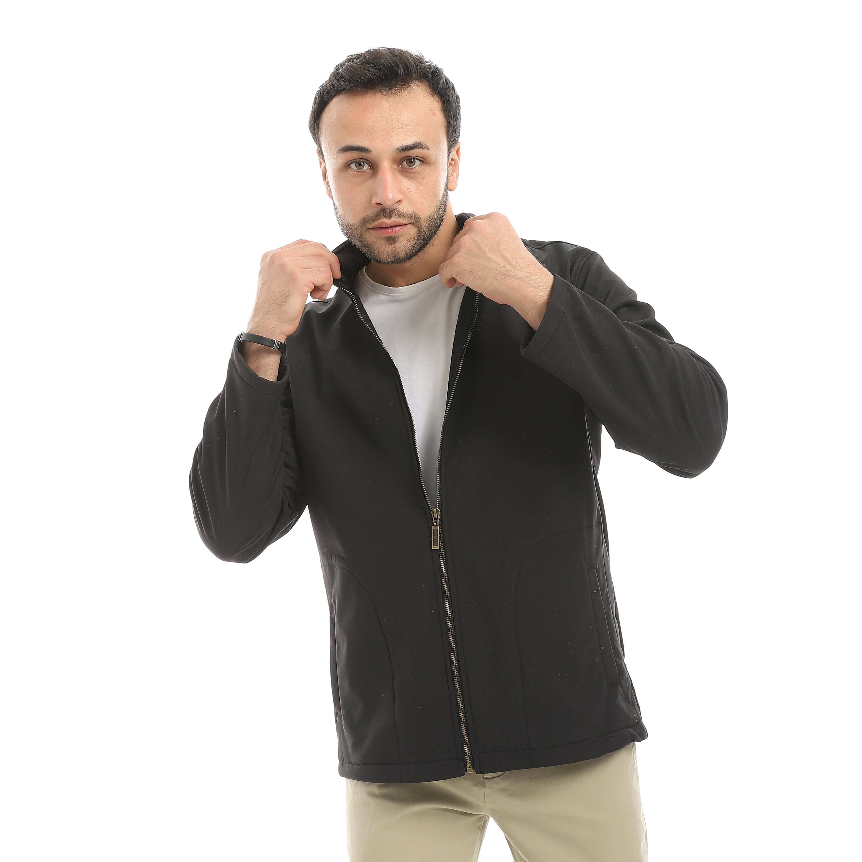 Black_Plain_Turned_Down_Collar_Long_Sleeves_Full_Zipper_Closure-Black ...