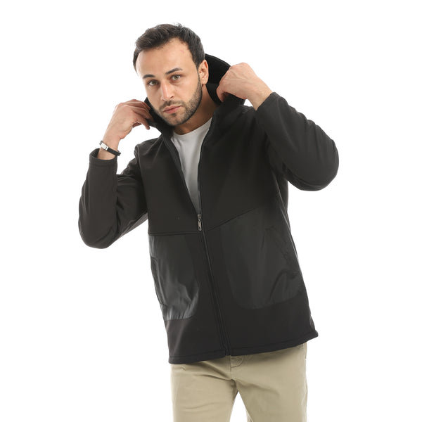 Double_Sided_Pockets_Full_Zipper_Closure_Hooded_Jacket-Black