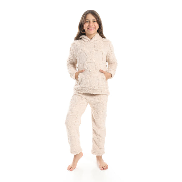 Self_Patterened_Long_Sleeves_Beige_Hooded_Pijama-Biege