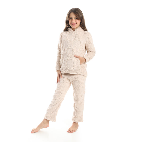 Self_Patterened_Long_Sleeves_Beige_Hooded_Pijama-Biege