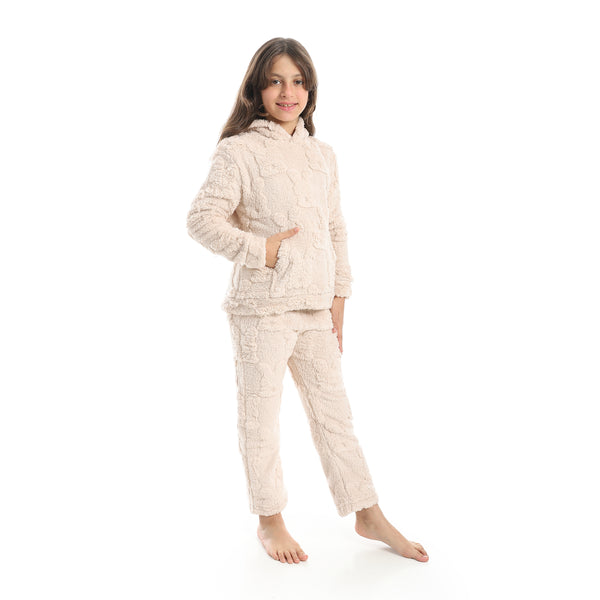 Self_Patterened_Long_Sleeves_Beige_Hooded_Pijama-Biege