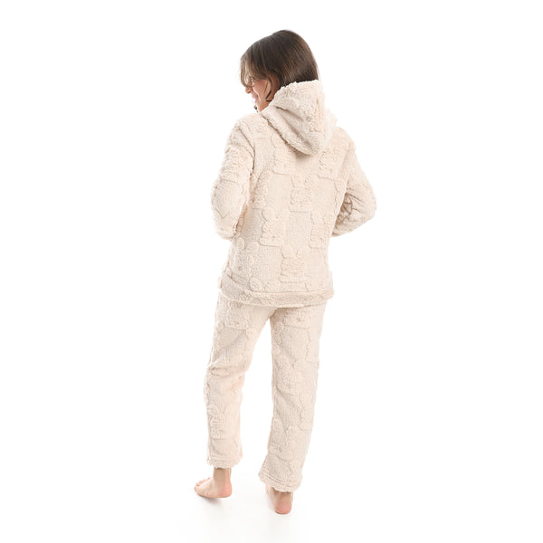 Self_Patterened_Long_Sleeves_Beige_Hooded_Pijama-Biege