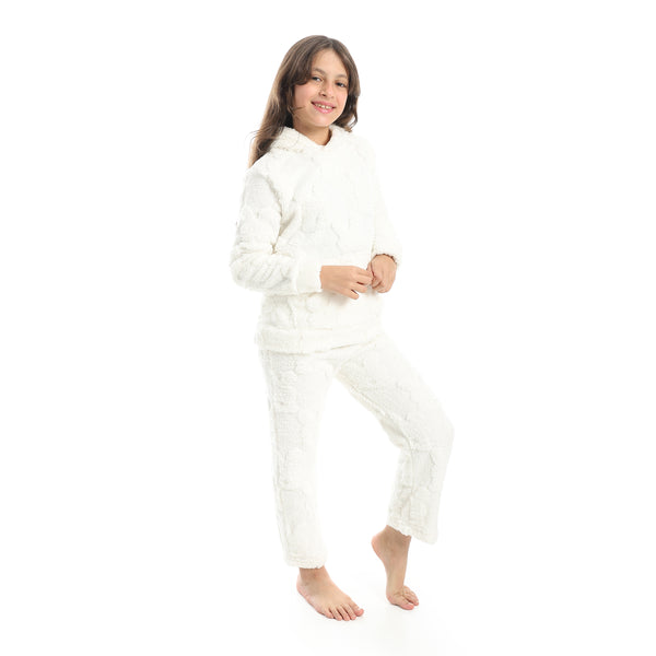 Self_Patterened_Long_Sleeves_Hooded_Pijama-White