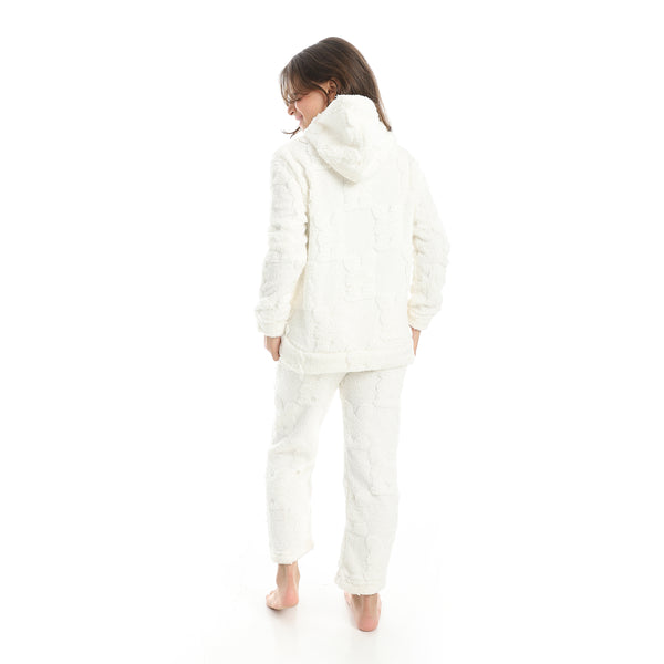 Self_Patterened_Long_Sleeves_Hooded_Pijama-White
