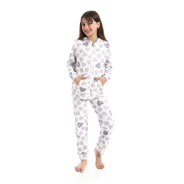 Zipper_Closure_Self_Patterned_Pajama___Purple_&_White
