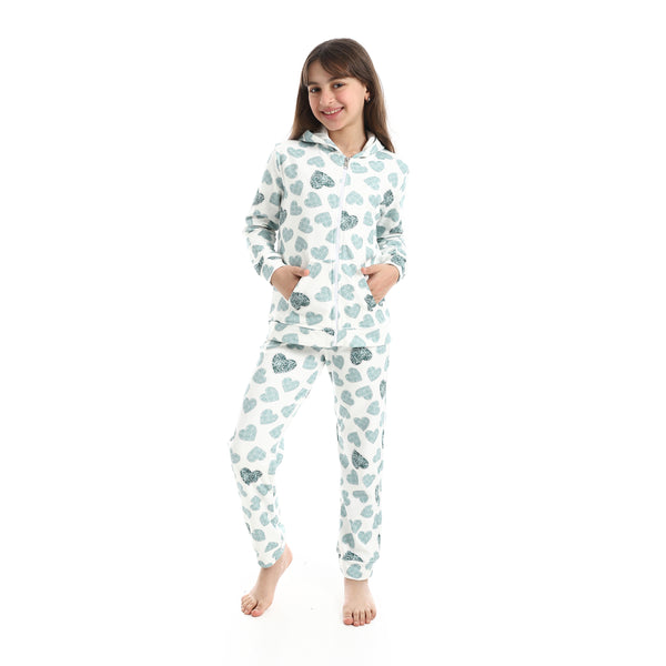 Zipper_Closure_Self_Patterned_Pajama___Green_&_White
