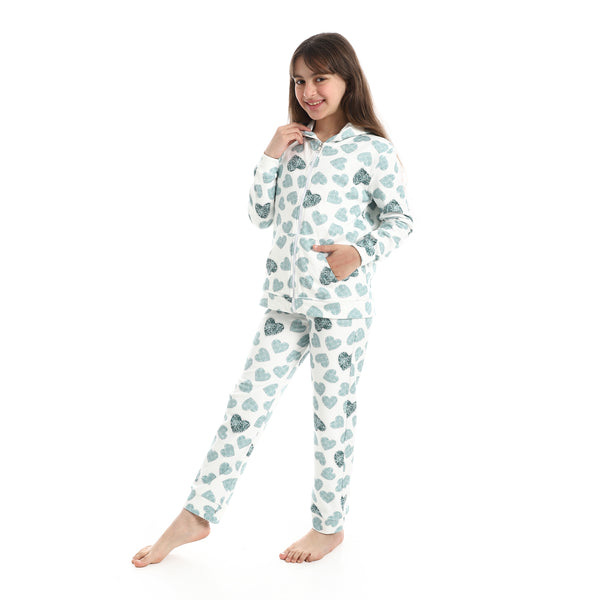 Zipper_Closure_Self_Patterned_Pajama___Green_&_White