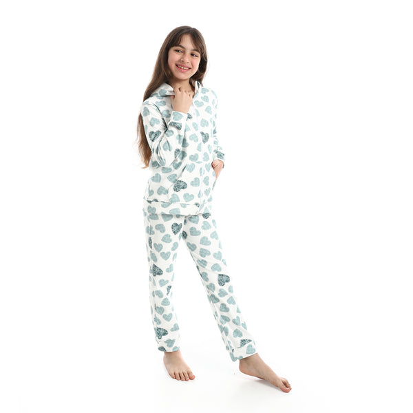 Zipper_Closure_Self_Patterned_Pajama___Green_&_White