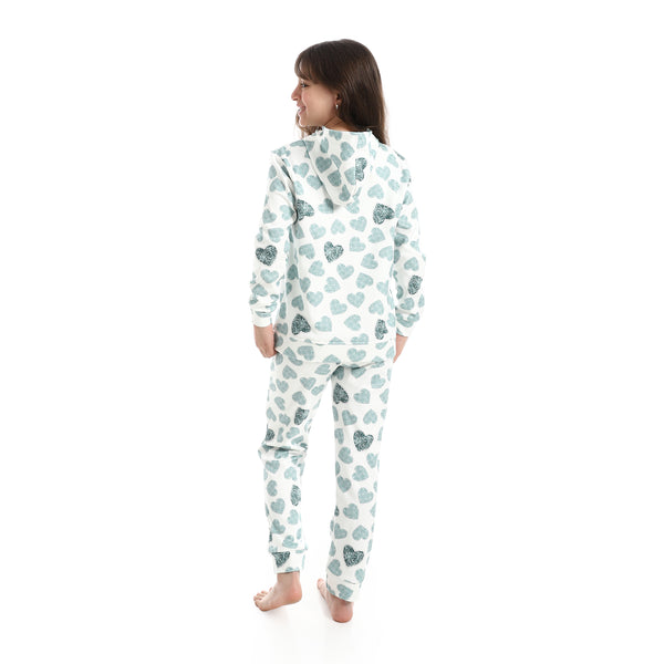 Zipper_Closure_Self_Patterned_Pajama___Green_&_White