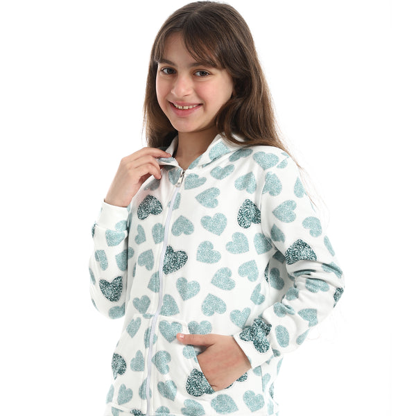 Zipper_Closure_Self_Patterned_Pajama___Green_&_White