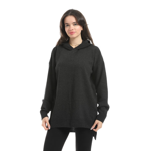 Grey High-Low Knitted Hoodie