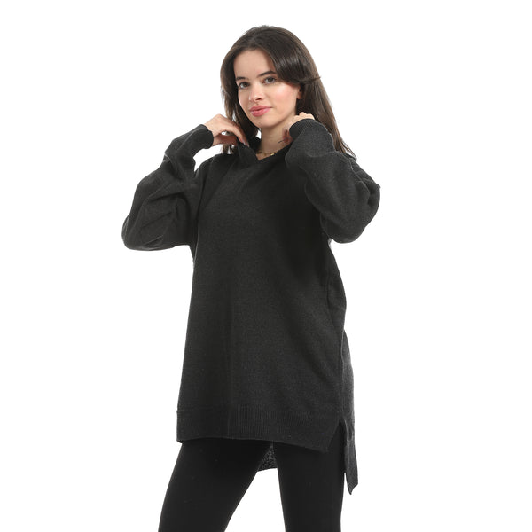 Grey High-Low Knitted Hoodie