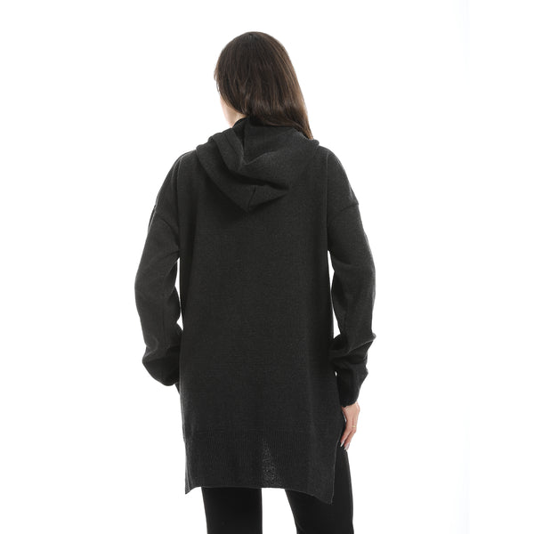 Grey High-Low Knitted Hoodie