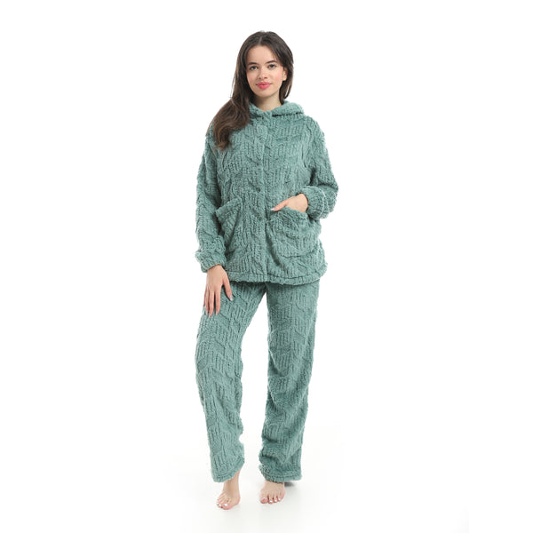 Olive_Long_Sleeves_Textured_Velvet_Hooded_Pajama_Set-Olive