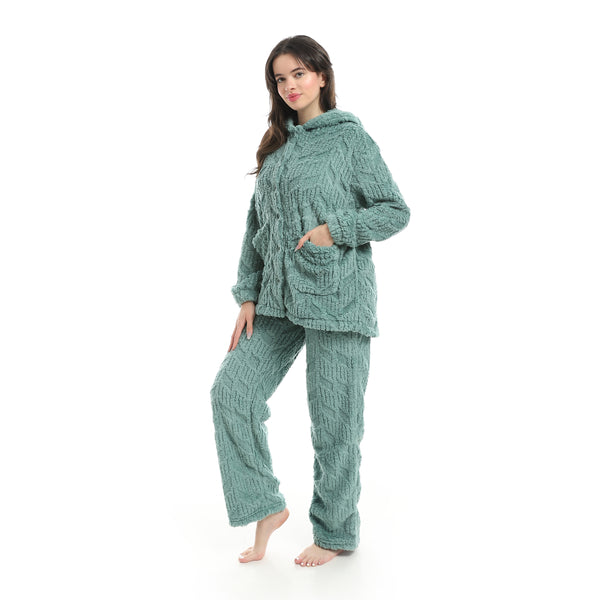 Olive_Long_Sleeves_Textured_Velvet_Hooded_Pajama_Set-Olive