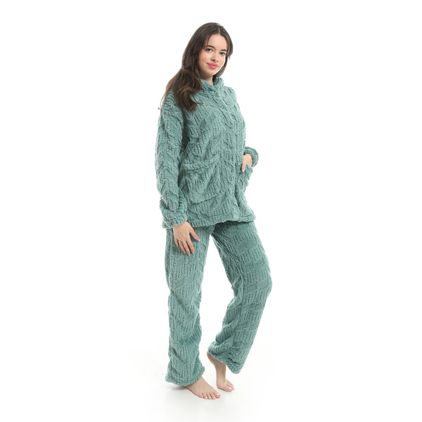 Olive_Long_Sleeves_Textured_Velvet_Hooded_Pajama_Set-Olive