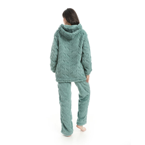 Olive_Long_Sleeves_Textured_Velvet_Hooded_Pajama_Set-Olive