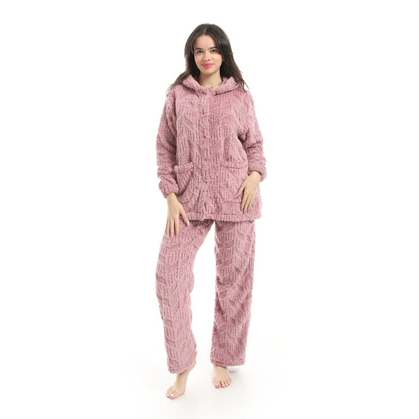 Kashmir_Long_Sleeves_Textured_Velvet_Hooded_Pajama_Set-Pink