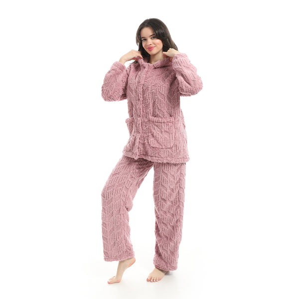 Kashmir_Long_Sleeves_Textured_Velvet_Hooded_Pajama_Set-Pink