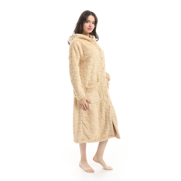 Beige_Hooded_Textured_Velvet_Sleepshirt-Beige
