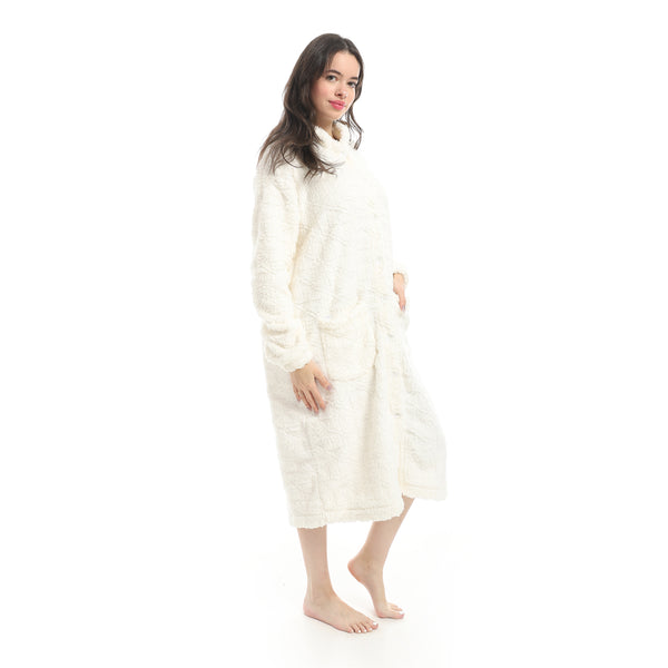 White_Hooded_Textured_Velvet_Sleepshirt-White